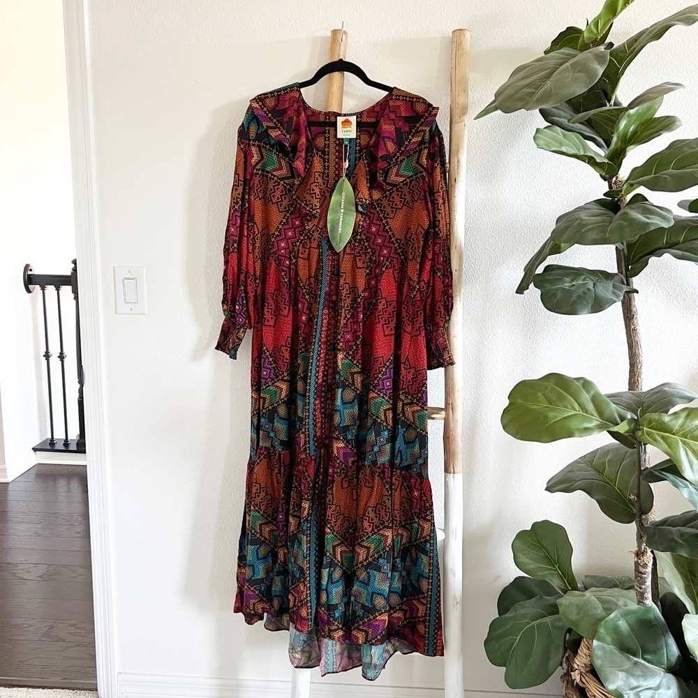 Farm Rio Yawanawa Stripes Midi Maxi Long Sleeve Mutlicolor Printed Dress - Picture 2 of 10